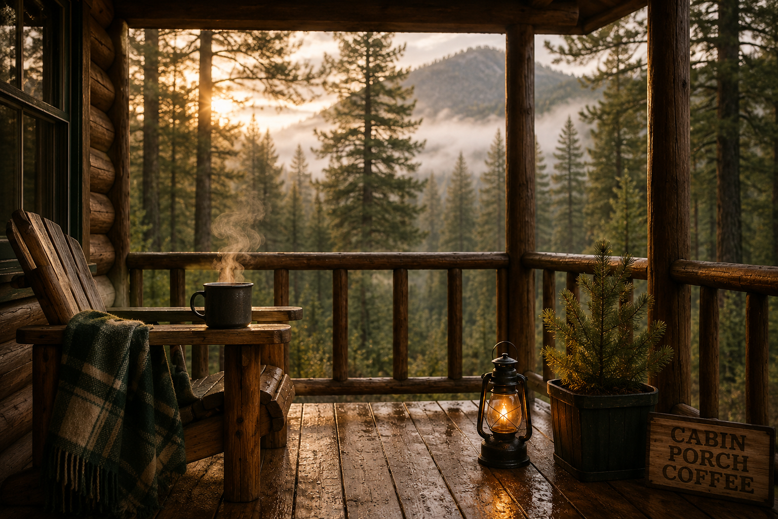 Cabin porch at first light — steam rising from a coffee mug, pine forest beyond