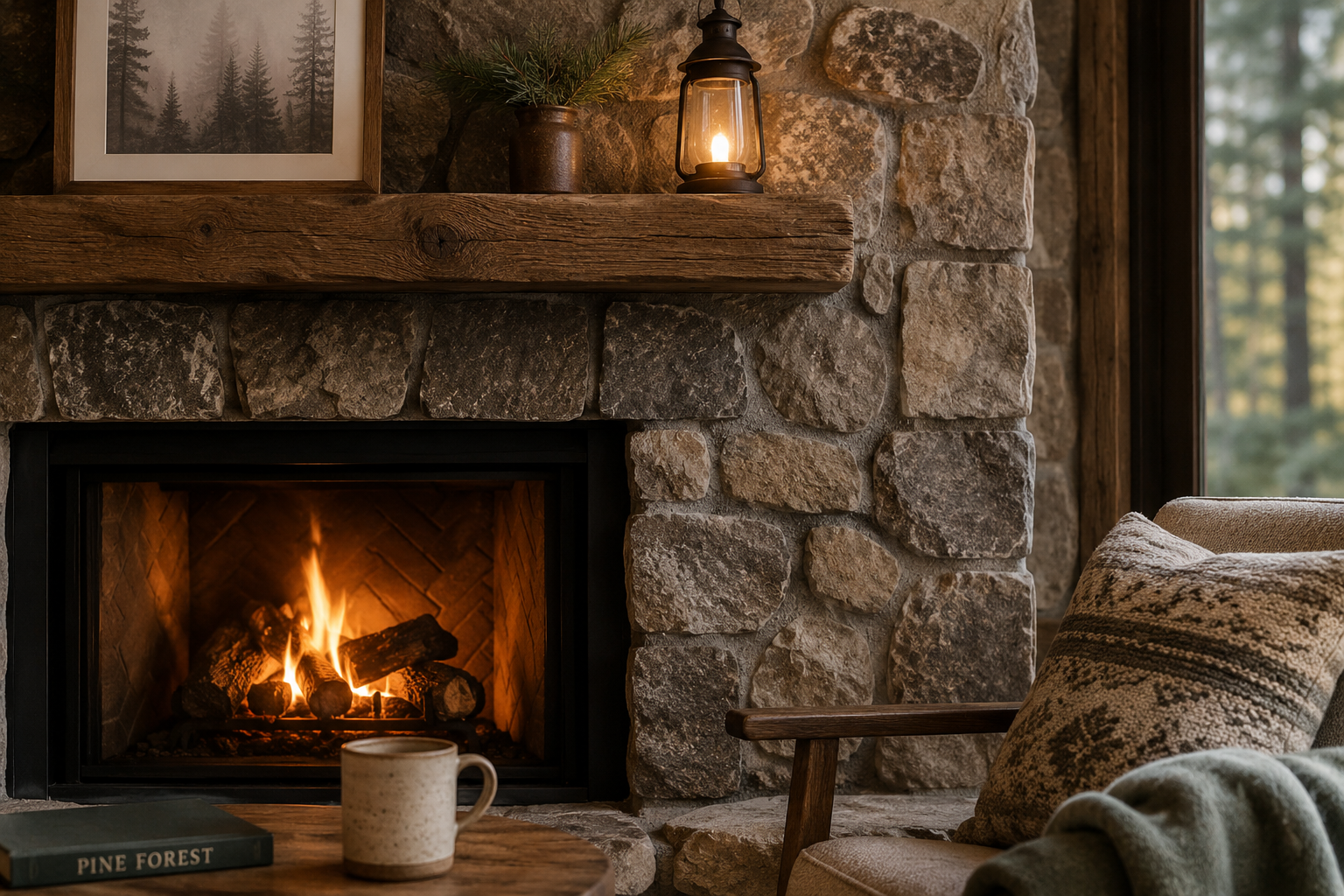 Interior detail — stone fireplace with wood beam mantle and warm lamp light