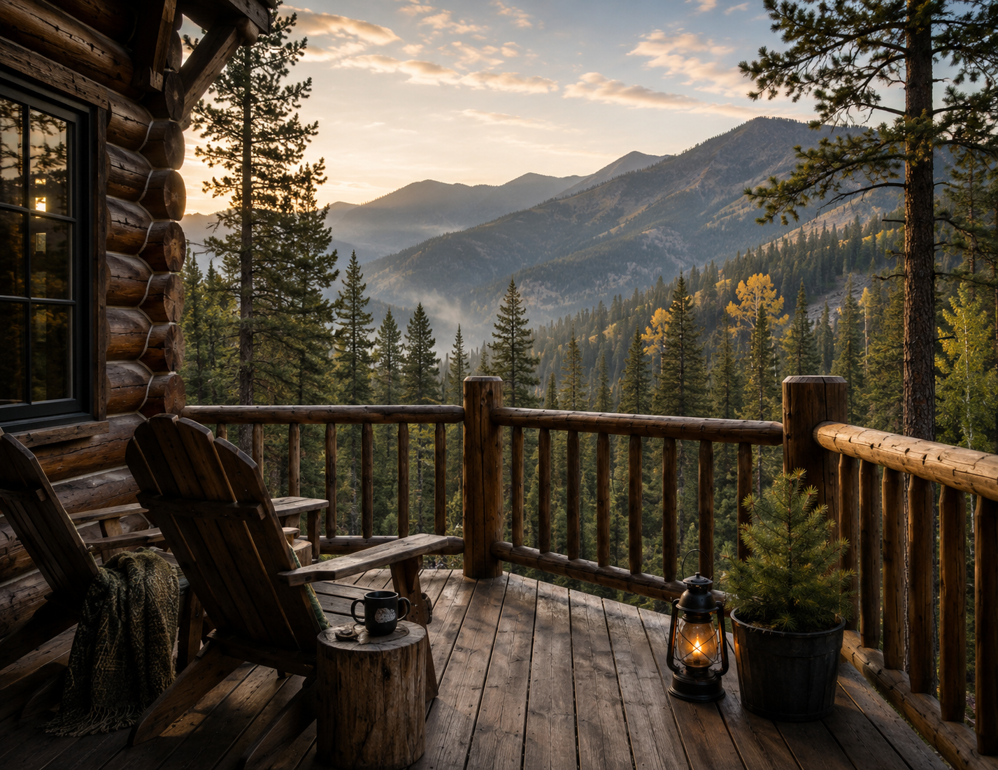 View from the cabin deck — ridge line and aspens at golden hour