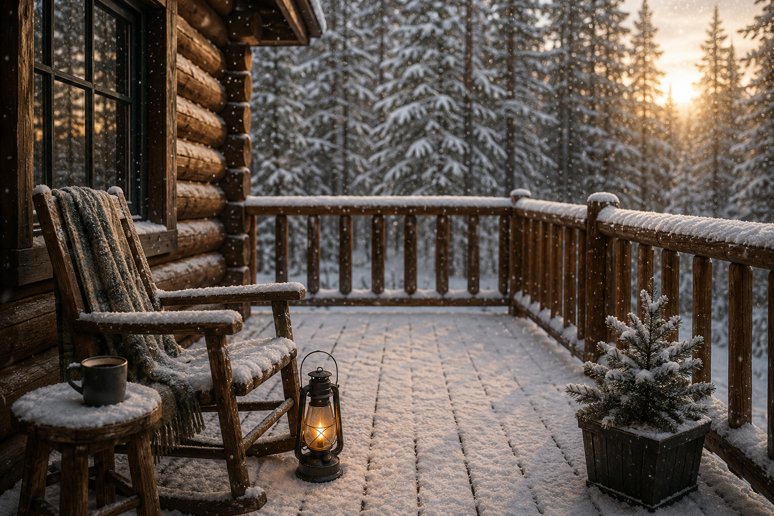 Cabin exterior in late afternoon light with soft snow on the deck